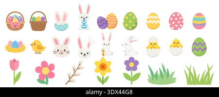 Happy Easter decorations set, cute spring holiday elements, eggs, bunny, flowers and lettering flat vector illustration. Stock Vector