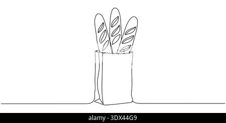 Single continuous line drawing of French baguettes in a paper bag. Editable stroke. Stock Vector