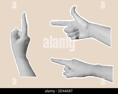Halftone Hand Gestures Collection, Black and White Retro Cutout Hands Stock Vector