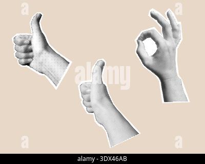 Halftone Hand Gestures Collection, Black and White Cutout Hands. Stock Vector