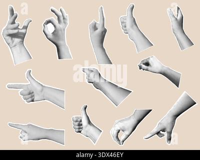 Halftone Hand Gestures Collection, Black and White Retro Cutout Hands Stock Vector