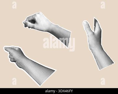 Halftone Hand Gestures Collection, Black and White Retro Cutout Hands Stock Vector