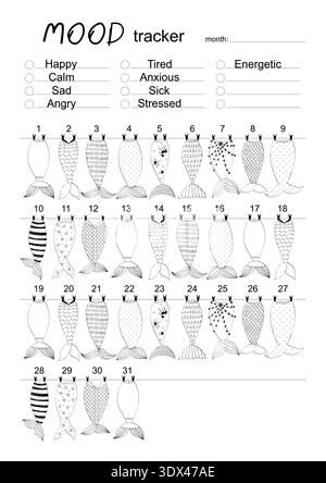 Mood Tracker Printable with Cute Illustrations for Mental Health and Self Care. Stock Vector
