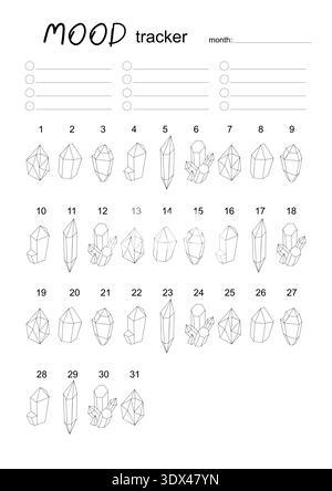 Mood Tracker Printable with Cute Illustrations for Mental Health and Self Care. Stock Vector