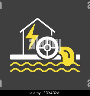 Minimalist outline glyph on dark background icon of a small hydroelectric power station with a water turbine and a house suitable for eco energy and s Stock Vector