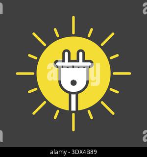 Minimalist outline sun glyph on dark background icon with electric plug suitable for renewable solar power and green electricity design concepts Stock Vector