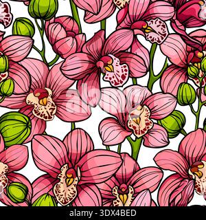 Pink orchids on white background, seamless vector pattern. hand drawn illustration. Exotic tropical flowers Stock Vector