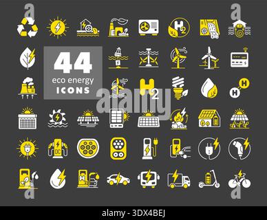 Big set of 44 outline glyph on dark background icons for renewable energy, electric transport and green technology. Vector illustration for eco design Stock Vector