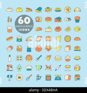 A set of 60 modern vector icons for bakery, cooking, and kitchen. Includes outline symbols for bread, pastry, tools, and ingredients. Perfect for bran Stock Vector