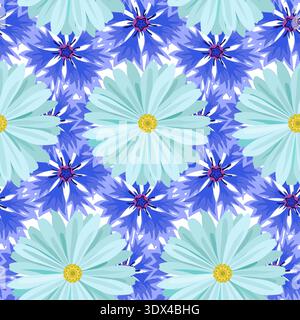 Vector seamless background with light blue daisies and blue, lilac cornflowers . Stock Vector
