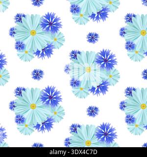 seamless background with light blue daisies and blue, lilac cornflowers and green leaves on a white background. Stock Vector