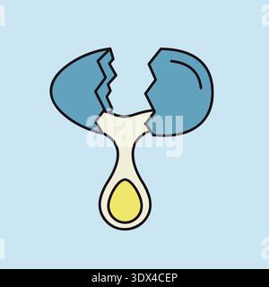 A linear icon with partial color fill of a cracked egg with yolk dripping. Ideal for baking, cooking, and ingredient-related concepts. Stock Vector
