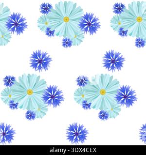 seamless background with light blue daisies and blue, lilac cornflowers and green leaves on a white background. Stock Vector