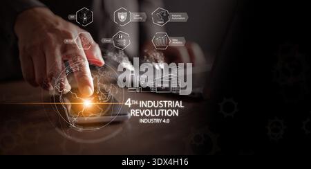 Fourth industrial revolution concept. Man using smartphone, digital globe, and icon of AI, IoT, robotics automation, cloud, cybersecurity, data analyt Stock Photo