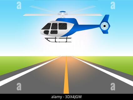 ็็Helicopter. Helicopter Flying Over the Road. Vector Illustration. Stock Vector