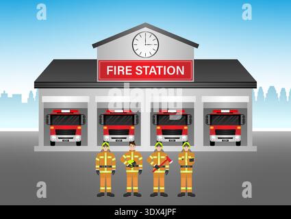 Fire Station with Fire Truck and Firefighter. Fire Department Building. Vector Illustration. Stock Vector
