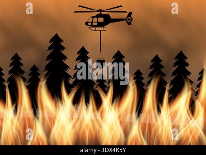 Firefighting Helicopter flying to  Extinguish Forest Fire. Wildfire. Burning Forest. Vector Illustration. Stock Vector