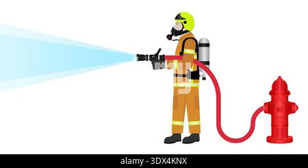 Firefighter with Red Hydrant. Vector Illustration Isolated on White Background. Stock Vector