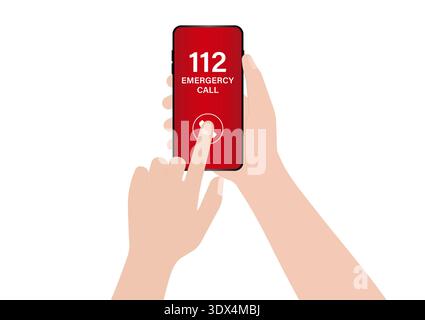 112 Emergency Call. Hand Holding Smartphone with 112 Emergency Call. Vector Illustration. Stock Vector