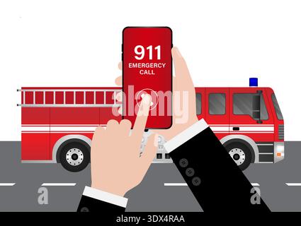 911 Emergency Call for Fire Truck about Burning House and Burning Building. Hand Holding Smartphone with 911 Emergency Call. Vector Illustration. Stock Vector