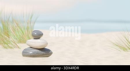 Three balanced stones on a sandy beach with grass and a calm sea in the background. 3d rendering Stock Photo