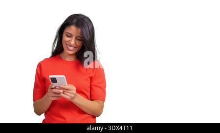 Woman smiling using smartphone transparent background Stock Photo