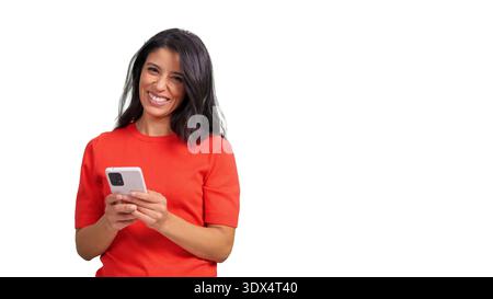 Woman smiling holding smartphone transparent background Stock Photo