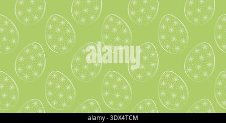 Seamless Pattern of handdrawn Easter Eggs with floral ornament Trendy White on green Backdrop Banner. Vector illustration Easter Greetings Card or Media Post Cover Promo Banner, leaflet, label, price  Stock Vector