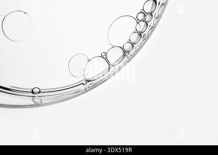 Oil droplets creating abstract patterns in transparent petri dish Stock Photo