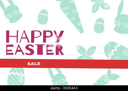 Happy Easter banner with sale information and various Easter-themed illustrations Stock Photo