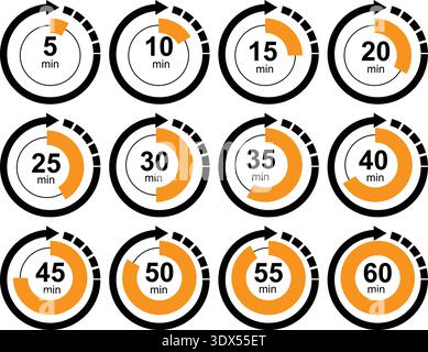 Circular Countdown Timer Icons Set from 5 to 60 Minutes with Progress Indicator and Clock Symbols Stock Vector