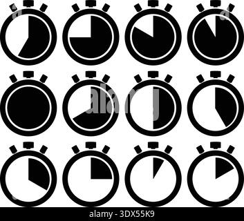 Stopwatch Timer Icon Set Showing Countdown Progress and Time Measurement Symbols Stock Vector