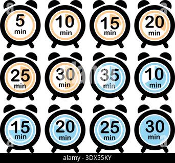Alarm Clock Countdown Timer Icons Set with 5 to 35 Minute Time Labels and Progress Indicators Stock Vector