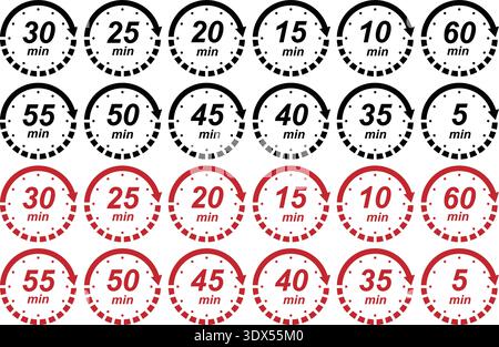Countdown Timer Minute Icons Set with 5 to 60 Minute Time Labels and Circular Clock Symbols Stock Vector