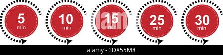 Circular Countdown Timer Icons with 5, 10, 15, 25 and 30 Minute Time Labels and Progress Indicator Stock Vector