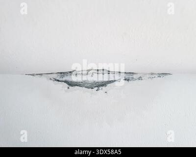 Water stain on a white painted ceiling, showing dark gray-black discoloration, bubbling and peeling paint layers, cracked edges, subtle mold spots alo Stock Photo
