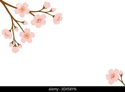Elegant sakura branch corner frame with pink cherry blossoms. Hand drawn trendy flat style isolated. Perfect for spring invitations, cards, frames, and floral background designs. Vector illustration Stock Vector