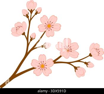 Cherry blossom branch with pink sakura flowers and buds. Hand drawn trendy flat style isolated. Elegant floral element for spring designs, invitations, cards decor and stickers. Vector illustration Stock Vector