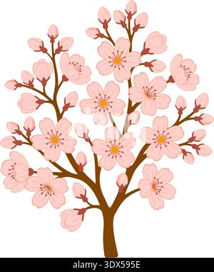 Blooming cherry blossom tree with pink sakura flowers. Hand drawn trendy flat style isolated. Ideal for spring designs, cards, prints, stickers, spring floral decor. Vector illustration Stock Vector