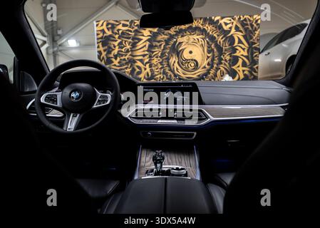 BMW X7 cockpit with M steering wheel, crystal shifter, gold mural backdrop Stock Photo