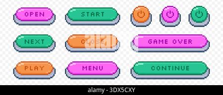 Vector set of colorful pixel art open, next, play and close buttons. Pixelated video game icons, on off power symbol, text box frames, interface menu elements in 8bit retro style. Arcade ui graphics Stock Vector