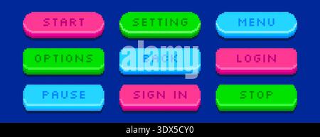 Colorful pixel art 8bit start, pause, back and sign in buttons vector set . Pixelated video game icons, text box frames, interface menu elements in retro style. Arcade ui graphic symbols on background Stock Vector
