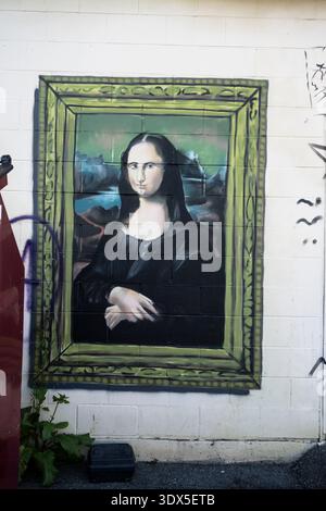 Mural of the Mona Lisa painting at the Greek Corner Restaurant on 72nd Avenue in Surrey, British Columbia, Canada Stock Photo