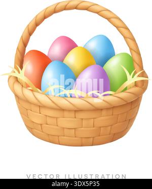 Easter basket with colorful eggs in woven wicker. Bright spring holiday vector illustration isolated on white background Stock Vector