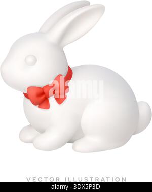 White Easter bunny with red bow tie 3D realistic icon. Adorable rabbit vector illustration Stock Vector