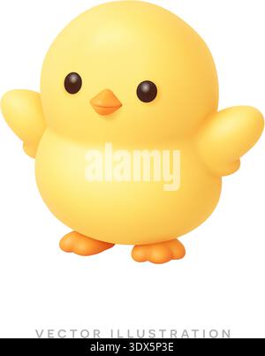 Yellow chick 3D realistic icon. Adorable Easter baby bird vector illustration Stock Vector