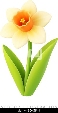 Yellow daffodil flower 3D realistic icon. Spring Easter botanical vector illustration Stock Vector