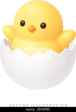 Yellow chick hatching from cracked egg shell. Easter 3D realistic icon vector illustration Stock Vector