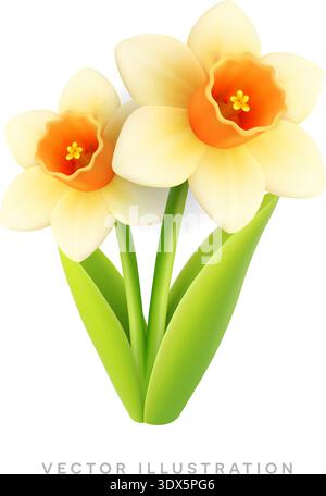 Daffodil flowers with green leaves. Spring Easter 3D vector illustration isolated on white background Stock Vector