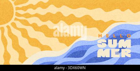Greeting summer with hello on background with wavy sea, wavy hand drawn sun rays. Happy summer textured theme. Bright positive vibe design. Template for sales, posters, covers, fashion, ads. Vector Stock Vector